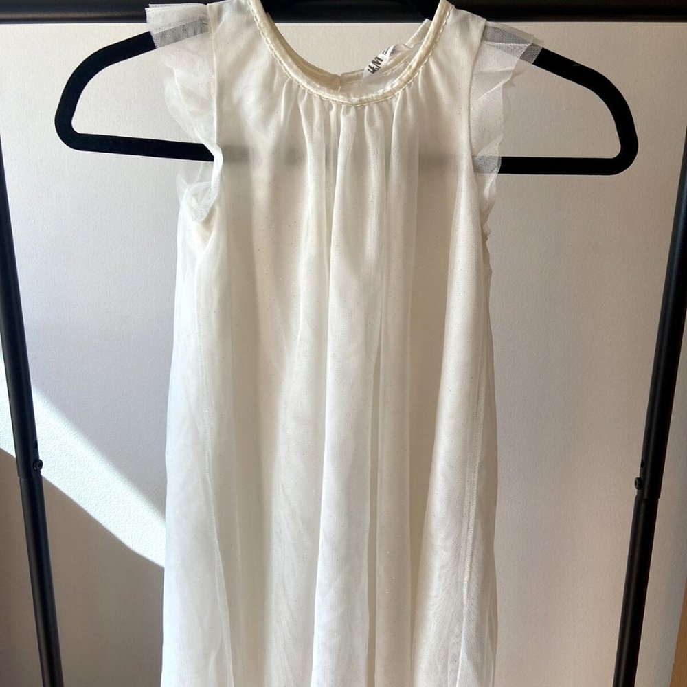 H&M Girls 6-7Y Ivory Gold Glitter Tulle Double Layer Flutter Sleeve Shift Dress